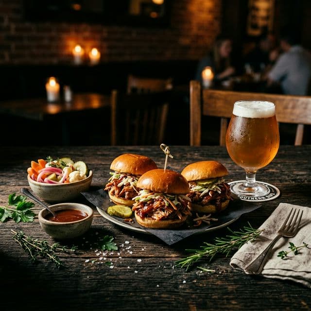 A stunning spread of Southern food on a dark rustic table